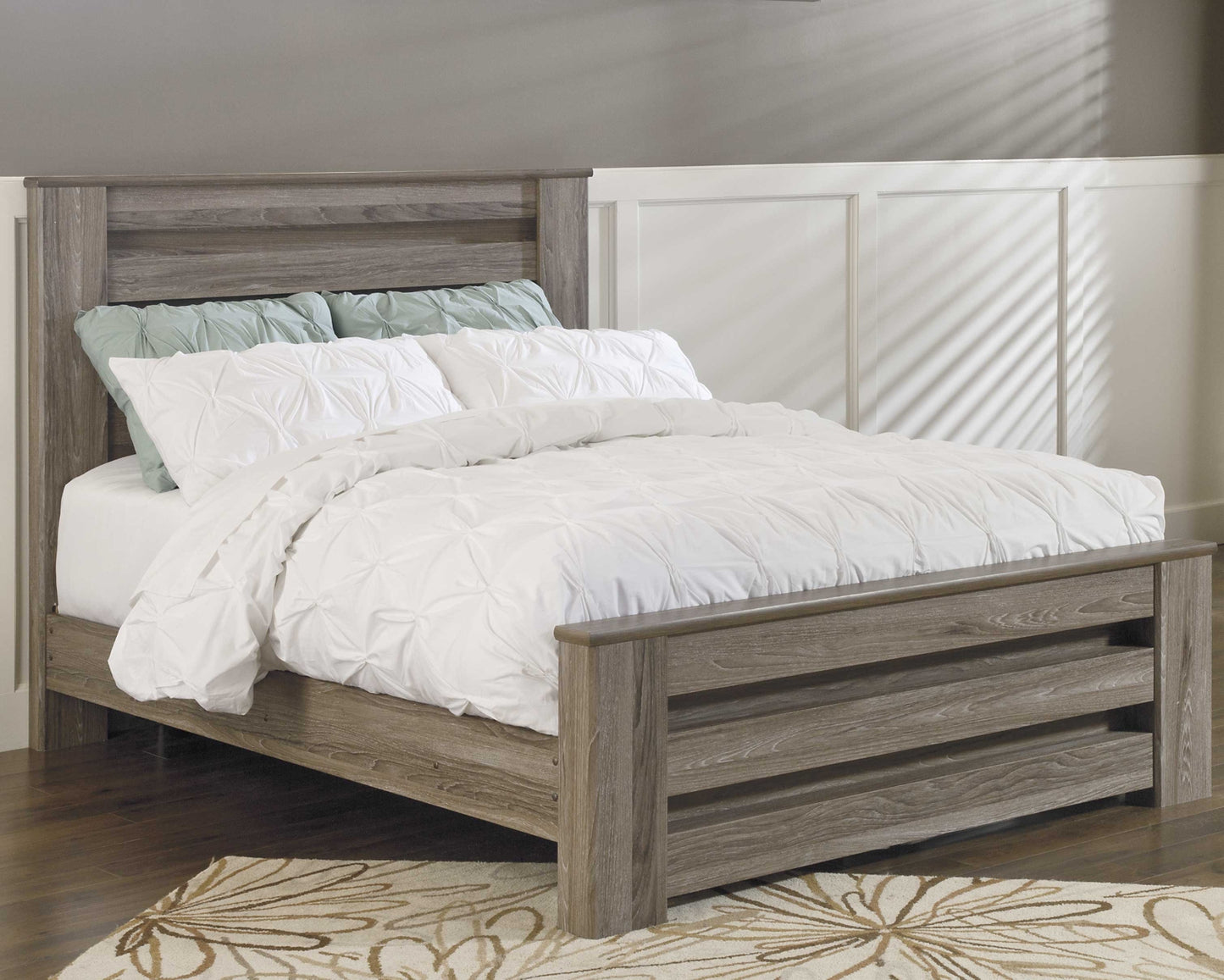 Zelen Queen Panel Bed with Mirrored Dresser and Chest