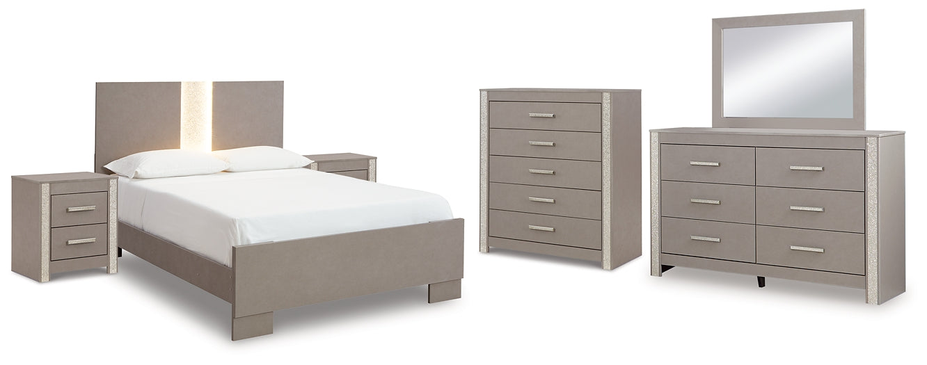 Surancha Full Panel Bed with Mirrored Dresser, Chest and 2 Nightstands