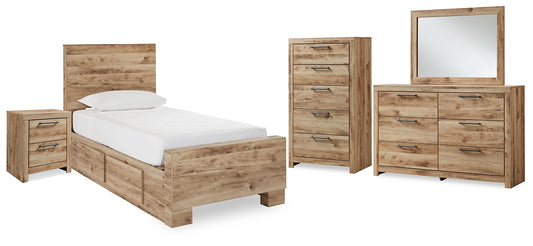 Hyanna Twin Panel Bed with Storage with Mirrored Dresser, Chest and Nightstand